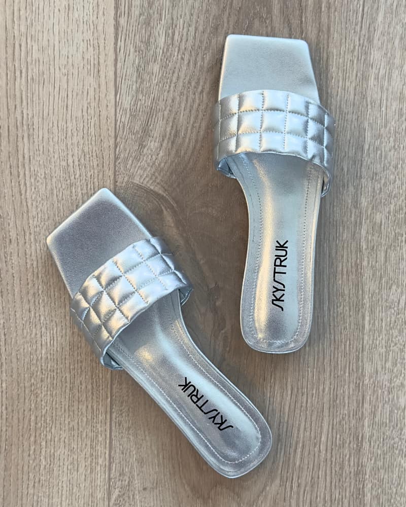 Skylar: Silver Vegan Leather Flat Mules, Open-Toe Backless Sandals