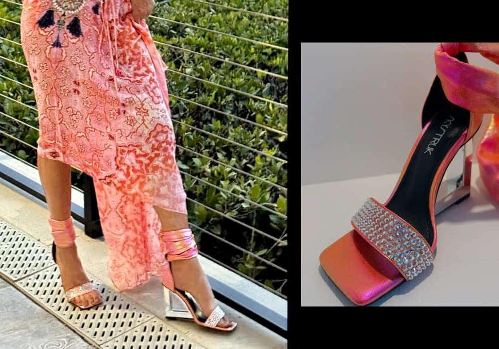 girls dress and feet wearing SkyStruk Riviera Coral Ombre Wedge Heel with diamonds
