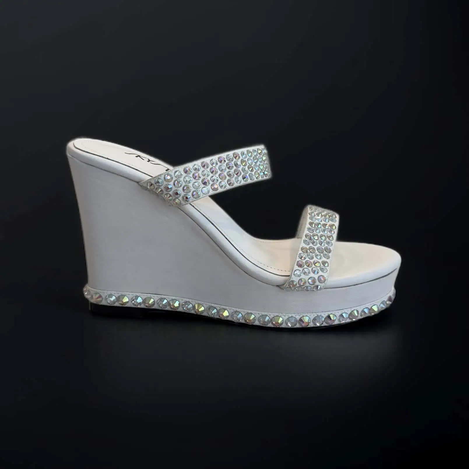 The Markey - White Leather Wedge Heels with Crystals