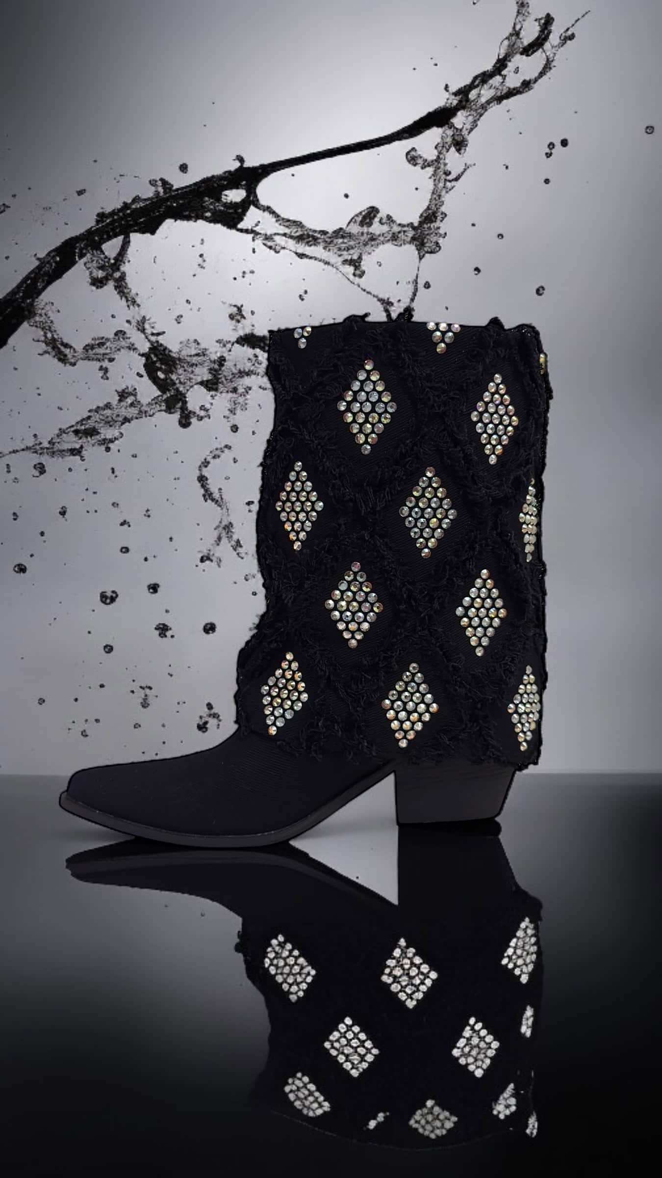 Gram Glam Black Denim Boots with Crystal Diamonds - Image 2