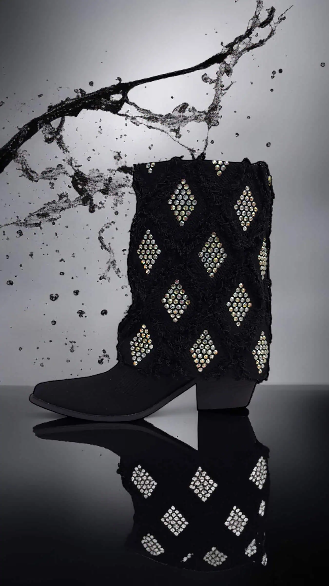 Gram Glam Black Denim Boots with Crystal Diamonds - Image 2