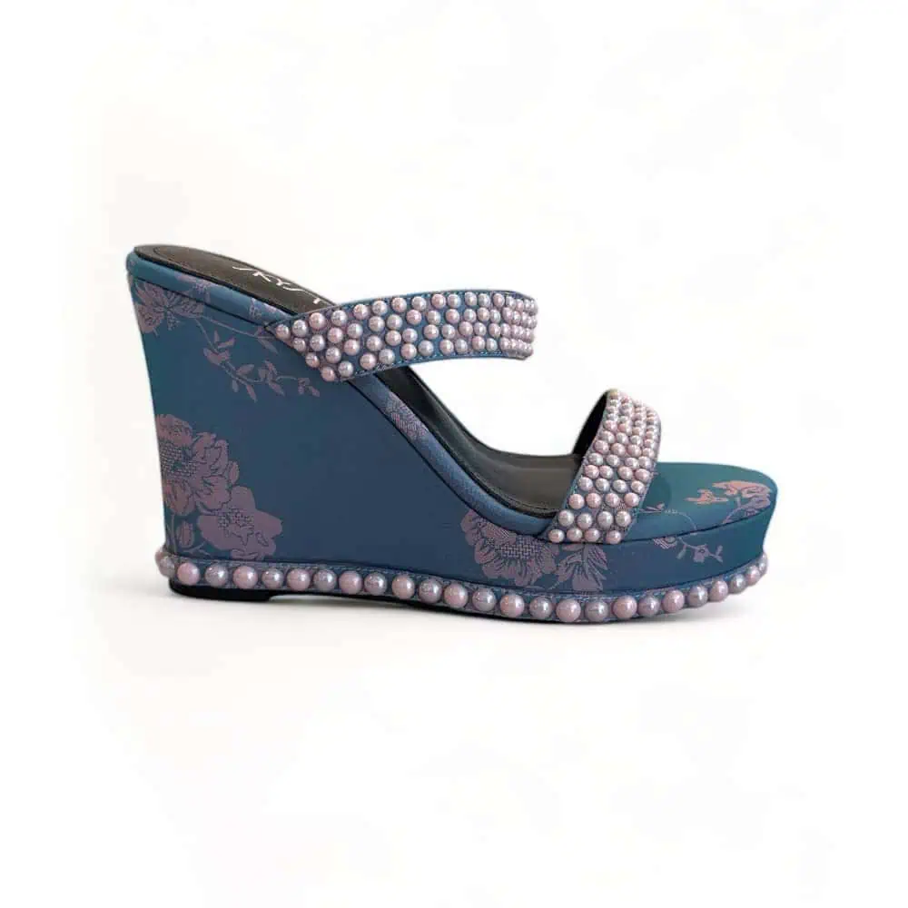 The Markey - Blue and Pink Paisley Wedge Heels with Crystals
