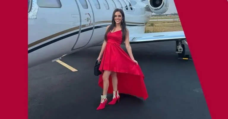 Skylar Porter by plane in Boca Raton wearing SkyStruk womens red heel shoes