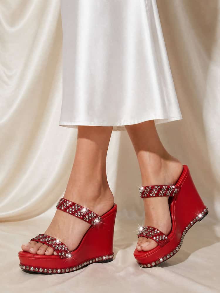 The Markey - Red Leather Wedge Heels with Crystals