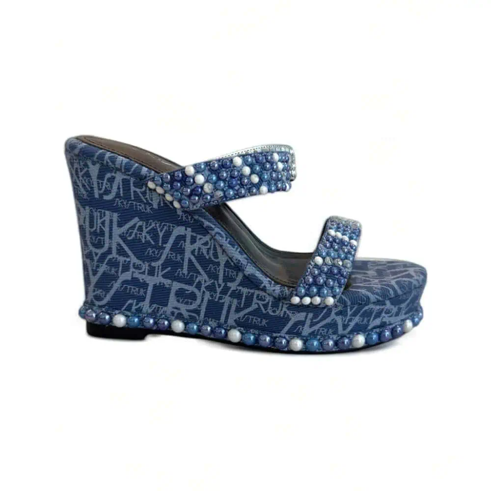 The Markey - Blue Denim Wedge Heels with Crystals