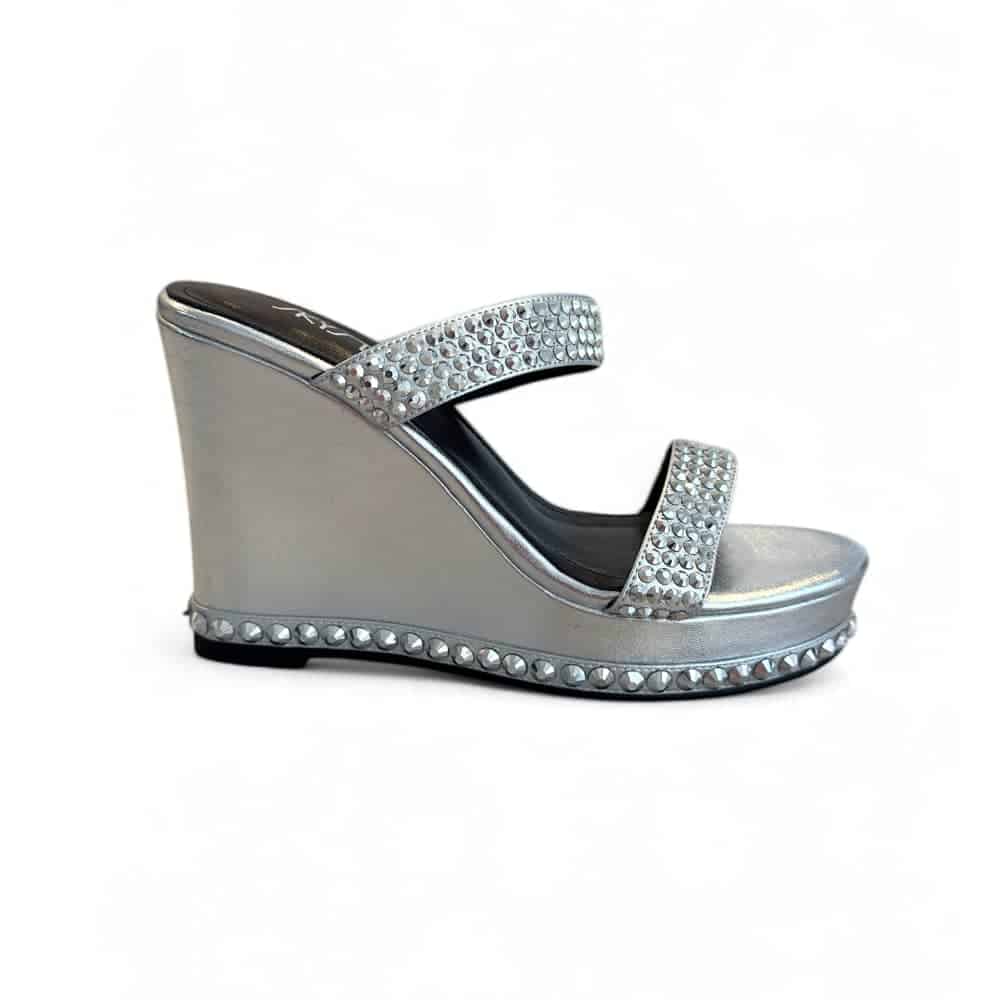 Silver Leather Wedge Heels with Crystals | The Markey