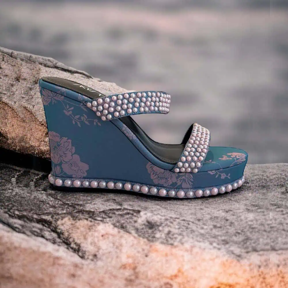 The Markey - Blue and Pink Paisley Wedge Heels with Crystals