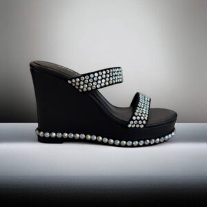 he Markey black leather wedge heels with crystals with background