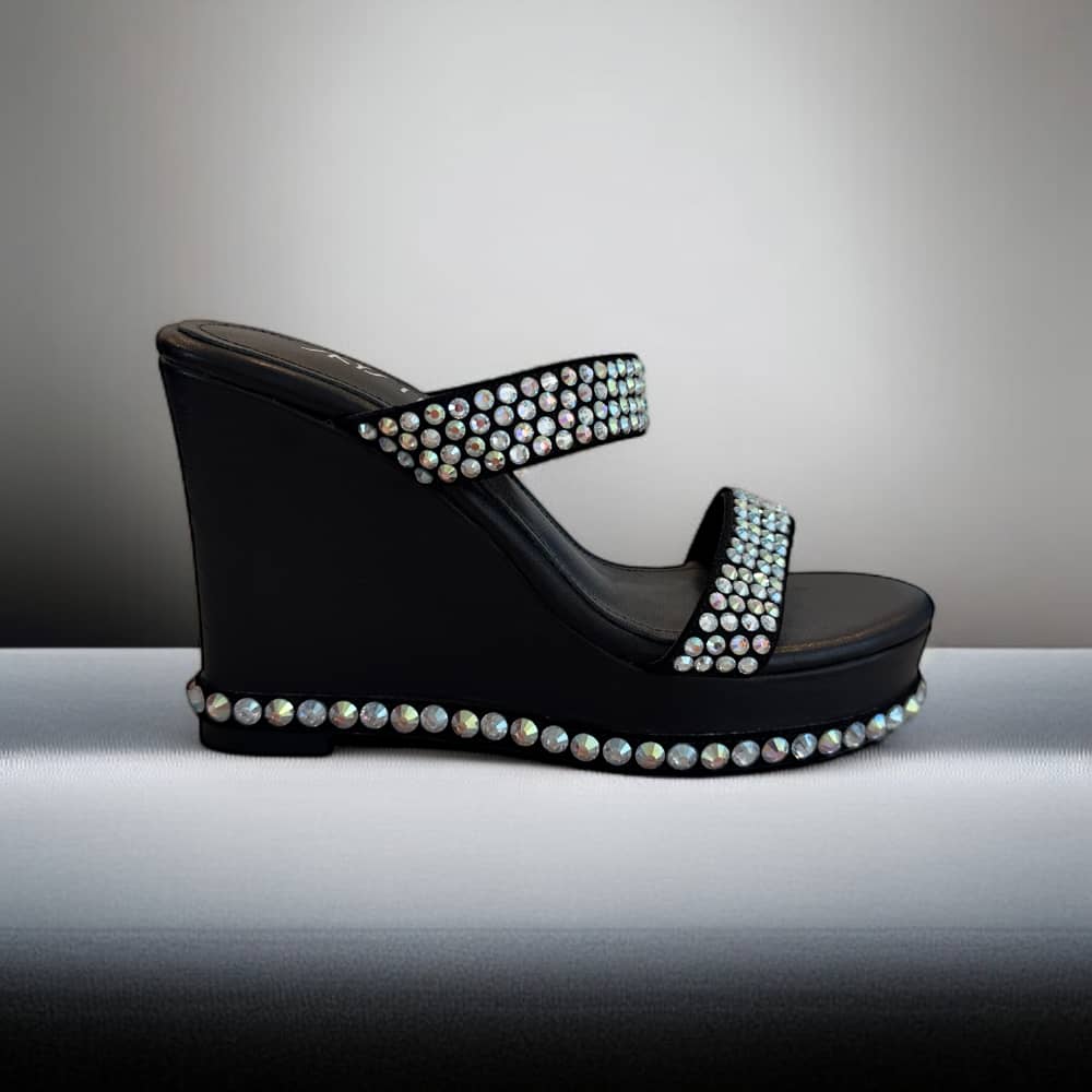 he Markey black leather wedge heels with crystals with background