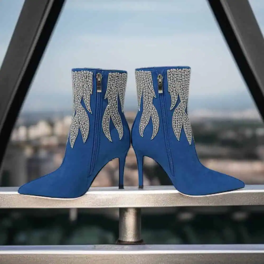 Blue suede high-heel boots with silver crystals by SkyStruk, the Momoo Classic