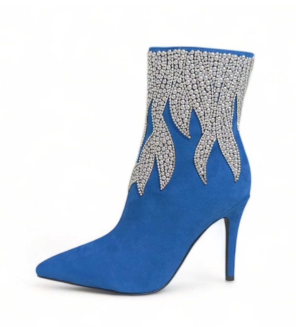 Blue suede high-heel boot with silver crystals by SkyStruk, the Momoo Classic