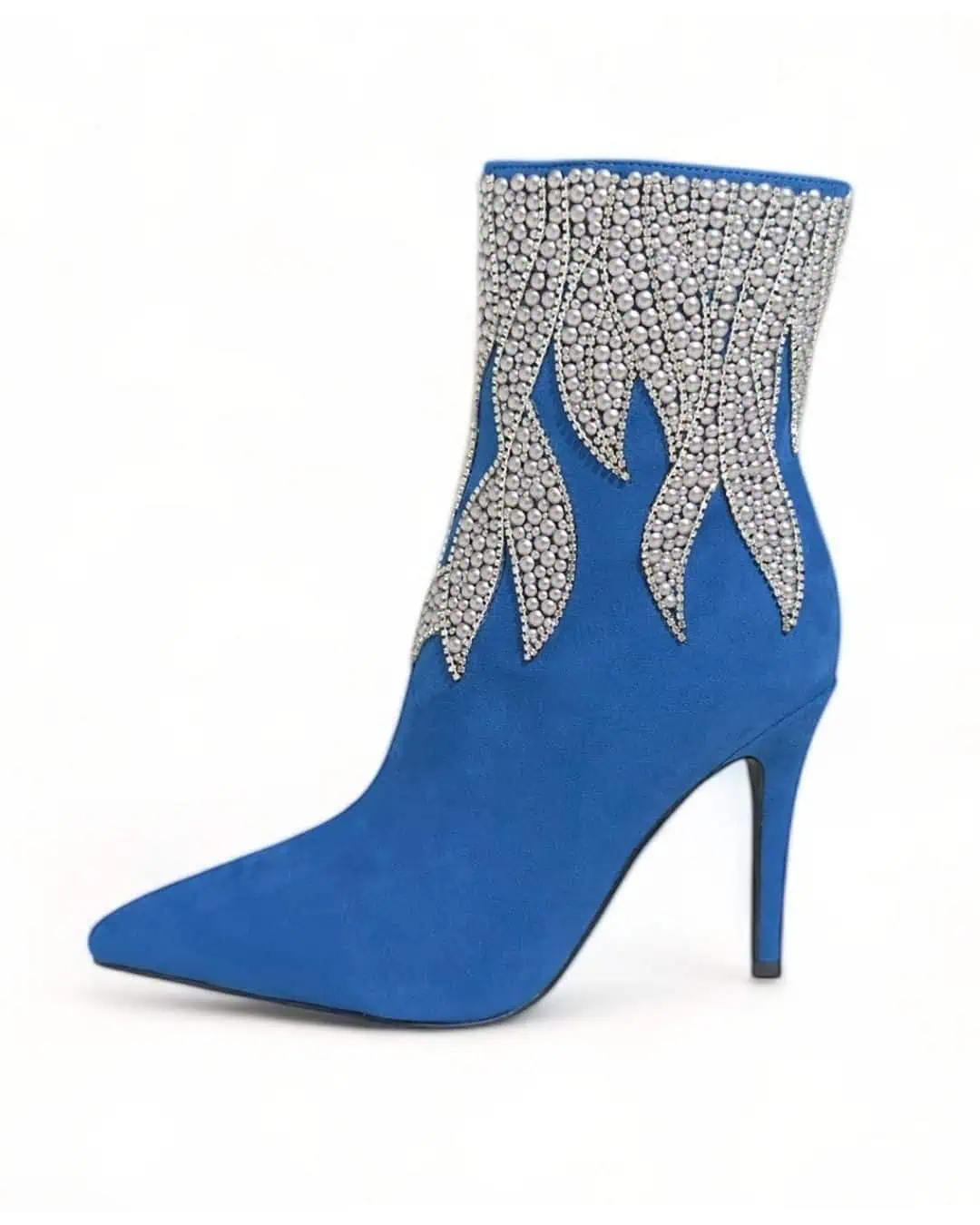 Blue suede high-heel boot with silver crystals, the SkyStruk Momoo Classic