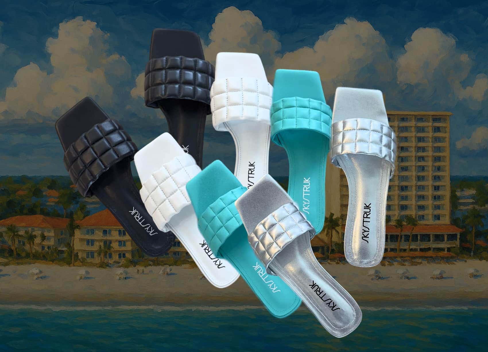 SkyStruk &ldquo;Skylar&rdquo; Flat Sandals in black, white, teal, and silver now available at the LaPlaya Boutique at the LaPlaya Beach & Golf Resort, Naples FL