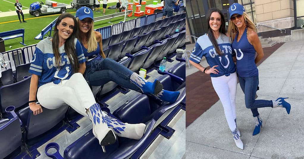 Skylar and Heather at the Colts Indianapolis football stadium wearing SkyStruk Momoo Classic Blue Heels