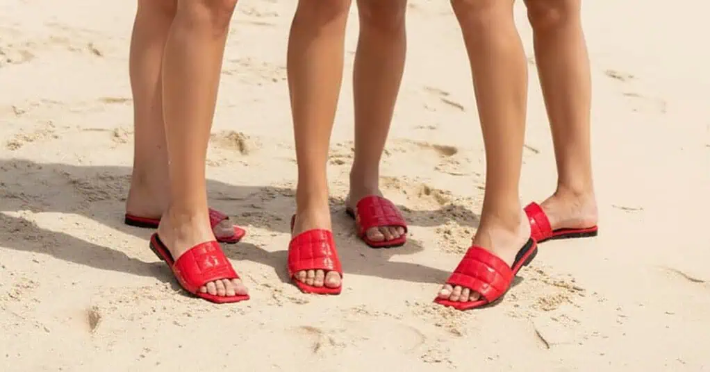 3 ladies legs wearing red flat sandals by SkyStruk