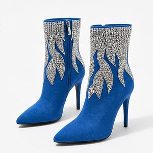 Momoo Classic Blue Suede High-Heel Boot With Silver Crystals