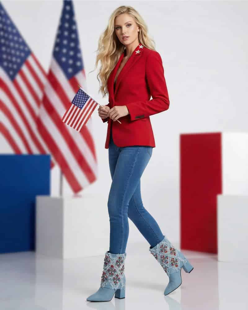 Woman Wearing Embellished Denim Ankle Boots with Patriotic Fashion Styling Celebrating 250 Years of American Style