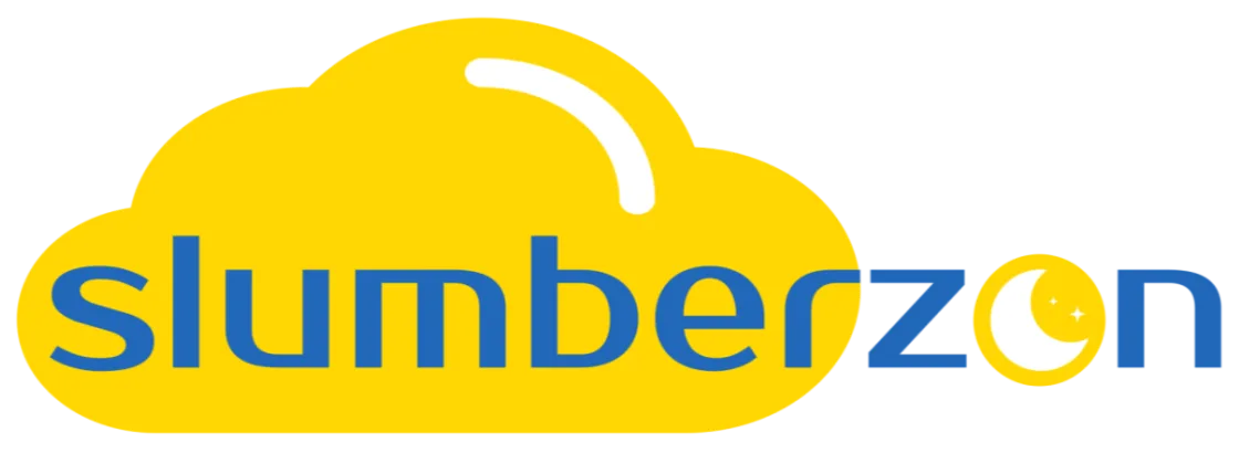 Dreamy cloud-shaped logo with a crescent moon and stars, featuring the word "slumberzon" in bold blue font, yellow background, sleep, bedtime, sleep accessories, comfort, relaxation, nighttime rest, sleep essentials, peaceful sleep, bedroom comfort, sleep products, cozy sleep environment, sleep comfort essentials, restful sleep design.