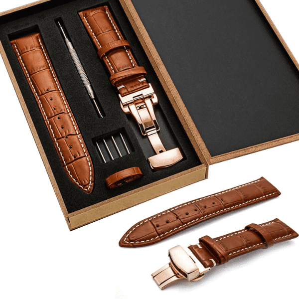 רצועת עור איכותית Quick Release 20mm צבע חום בהיר אבזם זהב ורדים