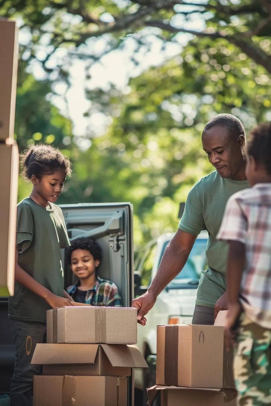 Family preparing for a long-distance move with boxes and a moving truck