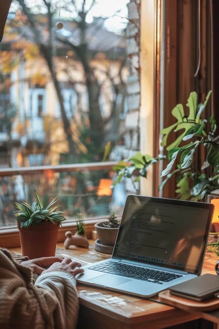 Person reading online moving company reviews on a laptop in a home office setting