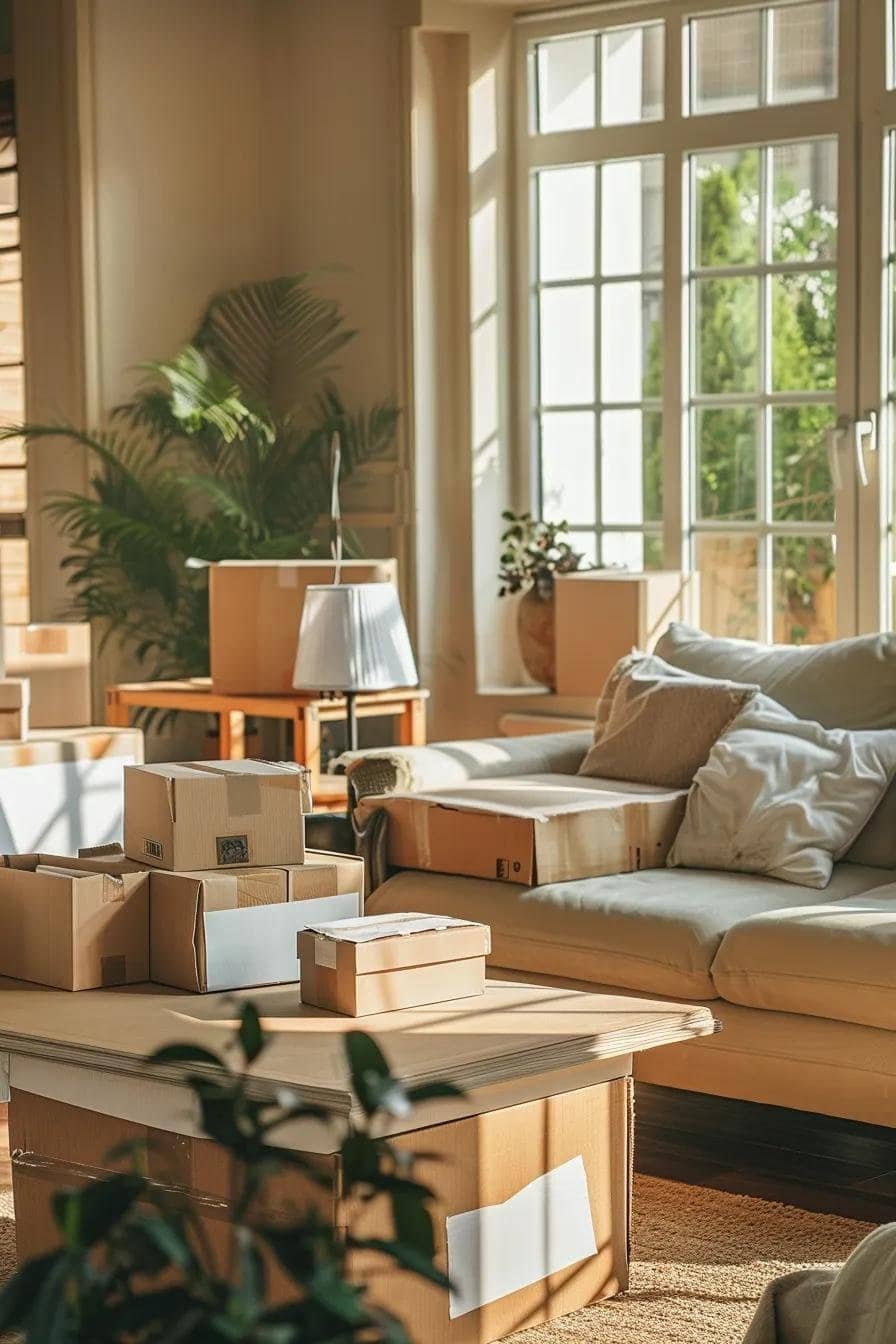 Local movers packing boxes in a living room with packing materials