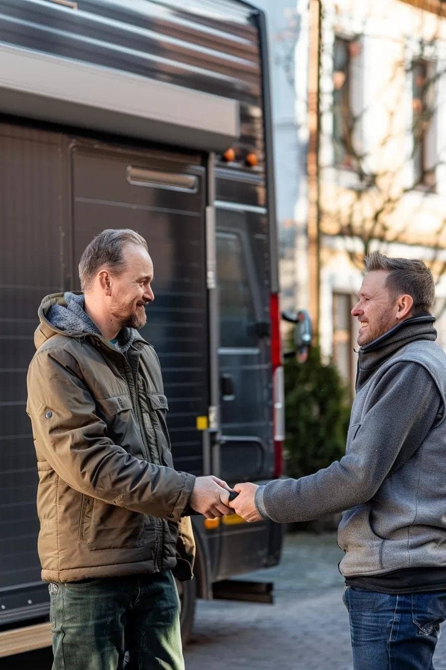 Customer shaking hands with a professional mover outside a moving truck