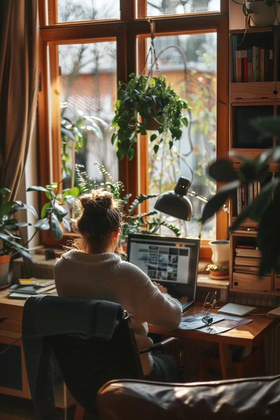 Person researching budget movers online in a cozy home office setting