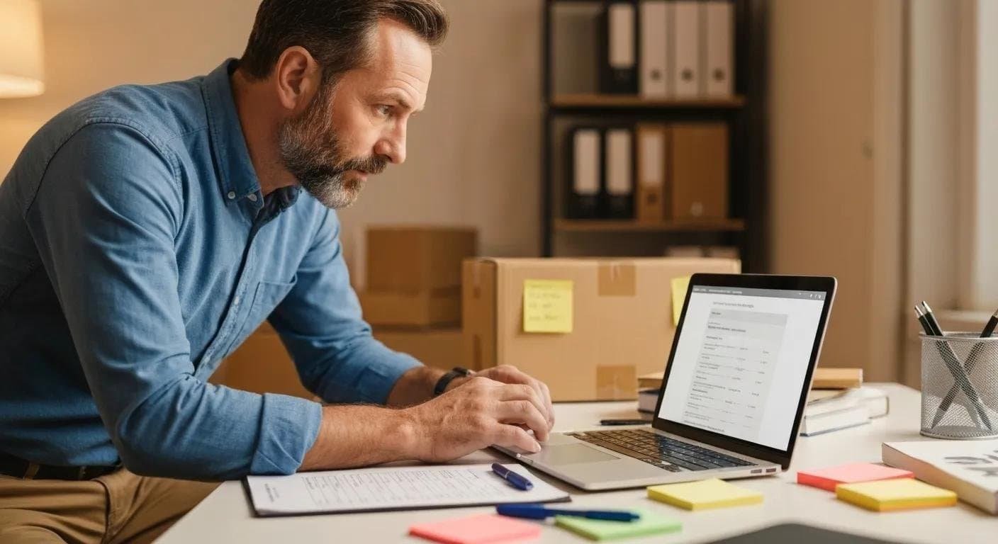 Person reviewing a moving quote on a laptop with notepad and moving supplies on a desk