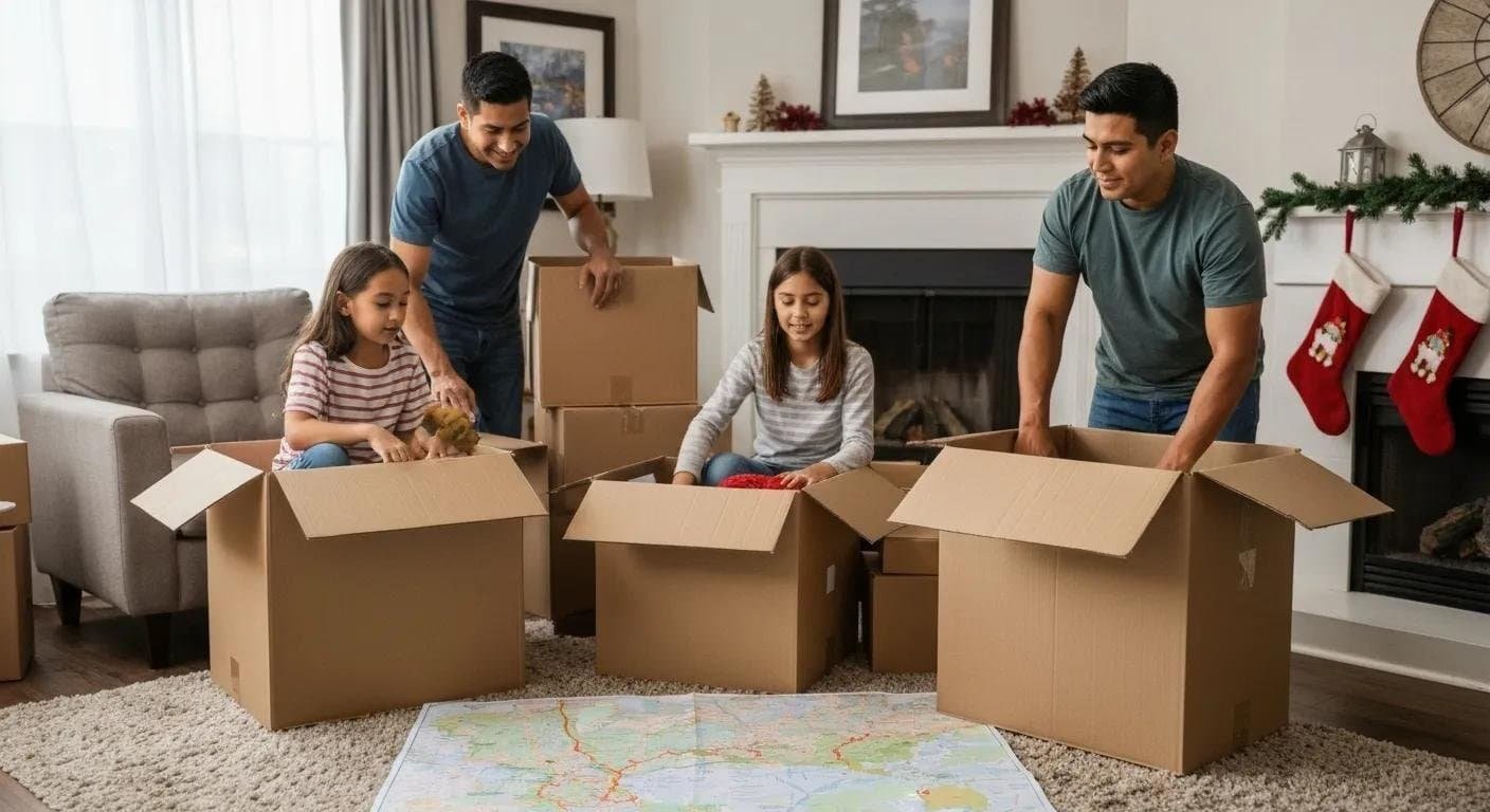 Family packing for a long-distance move with boxes and a map in a cozy living room