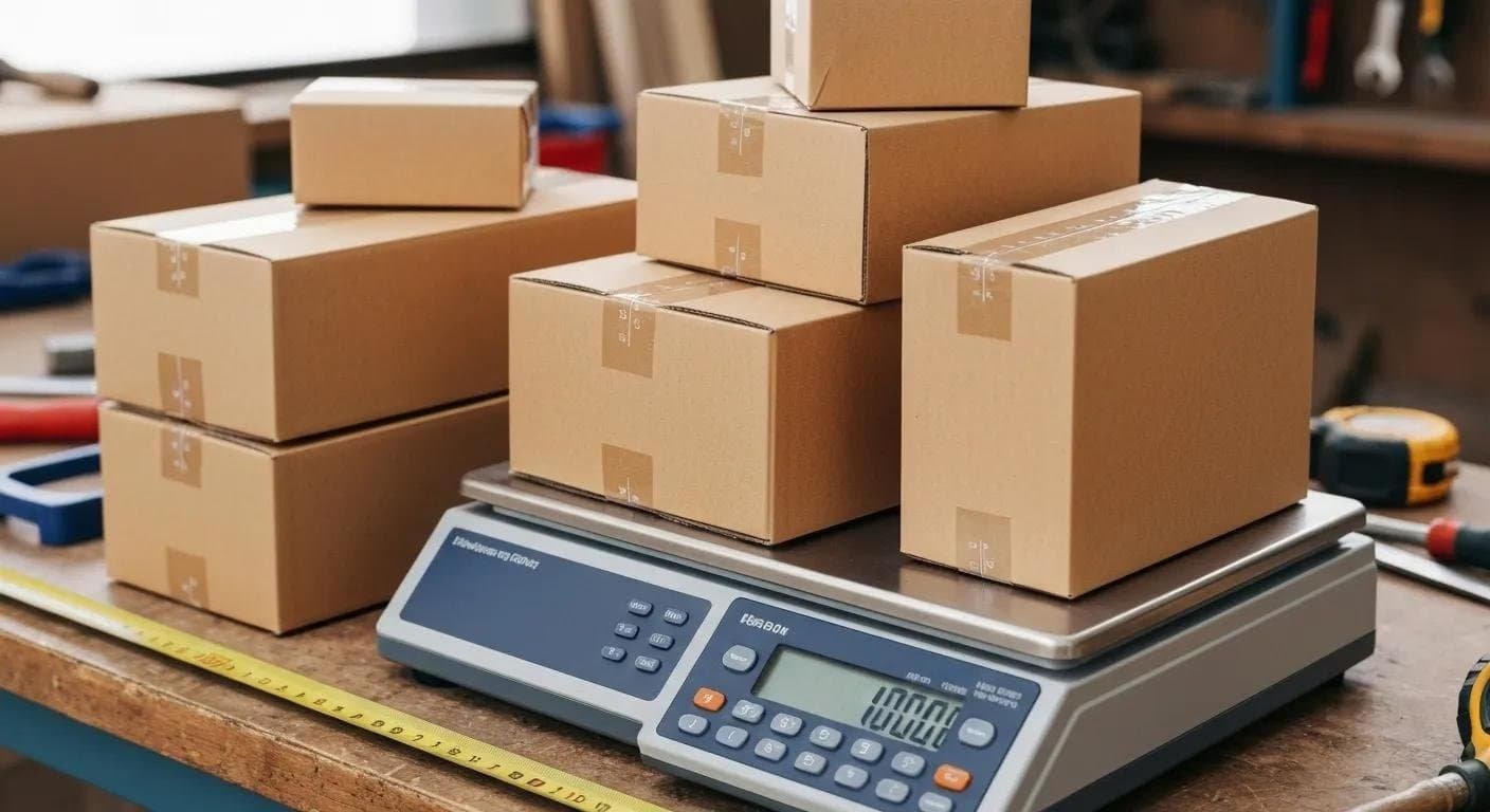 Close-up of a scale weighing boxes with a calculator and measuring tape in a workspace