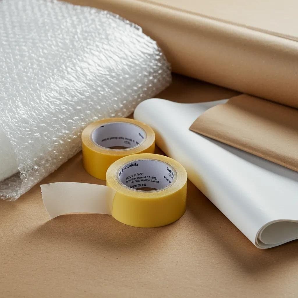 Assorted packing supplies including bubble wrap, packing paper, and heavy-duty tape for long distance moving