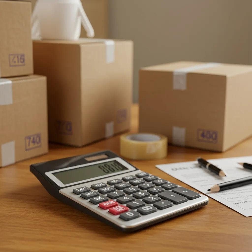 Calculator and moving supplies symbolizing the budgeting process for long distance moving expenses
