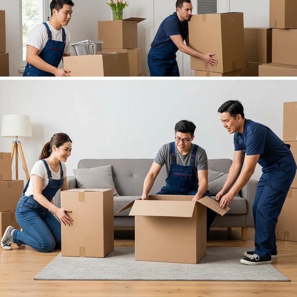 Comparison of professional movers efficiently packing versus a chaotic DIY moving scene, showcasing time and energy savings
