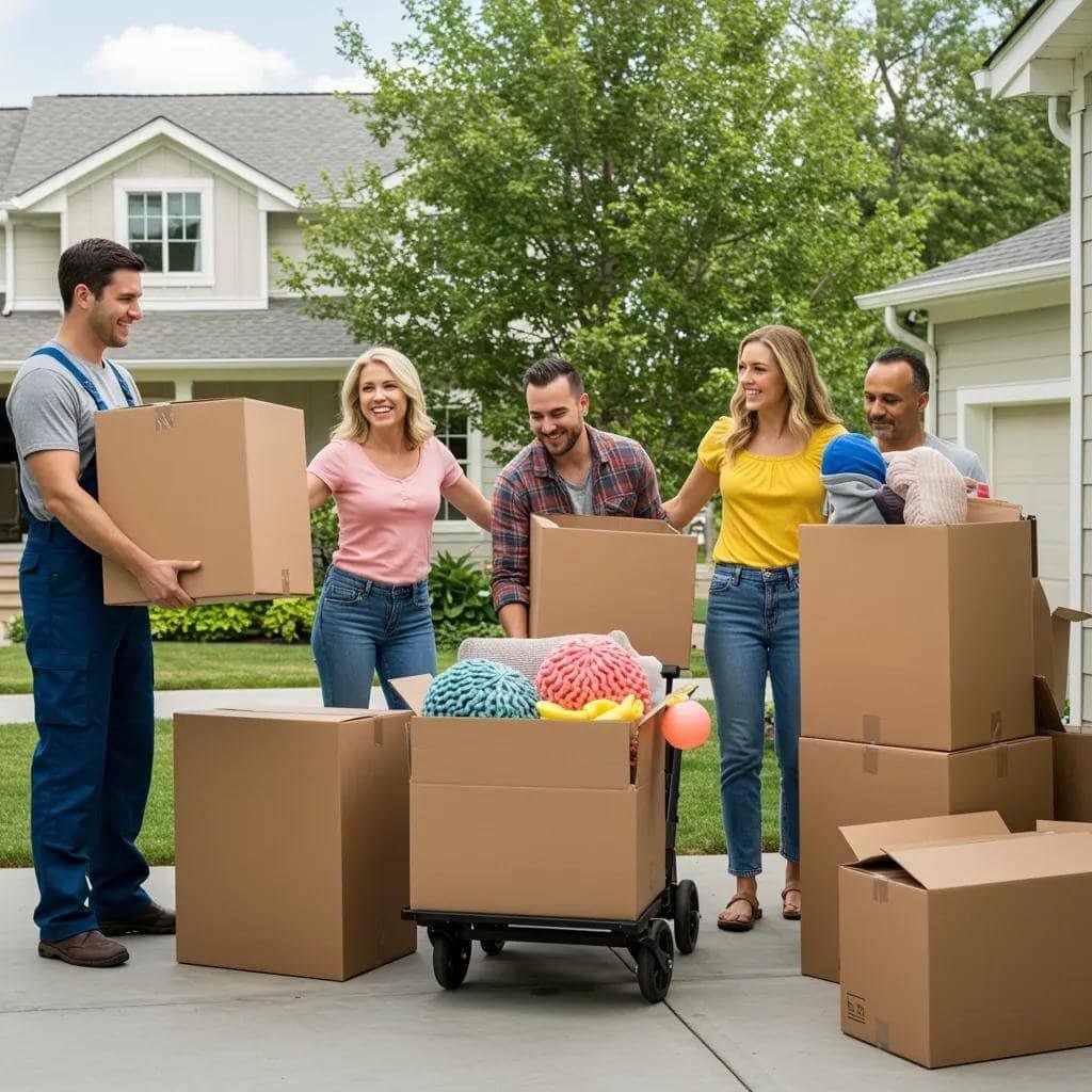 Family moving into a new home with professional movers, showcasing reliability and trust in local moving services