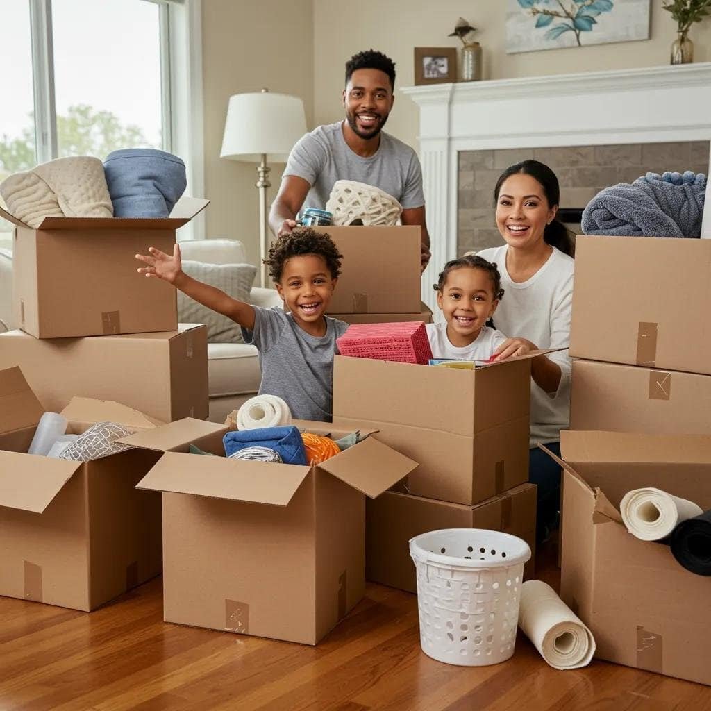 Family happily packing for a long-distance move, highlighting positive customer experiences with movers