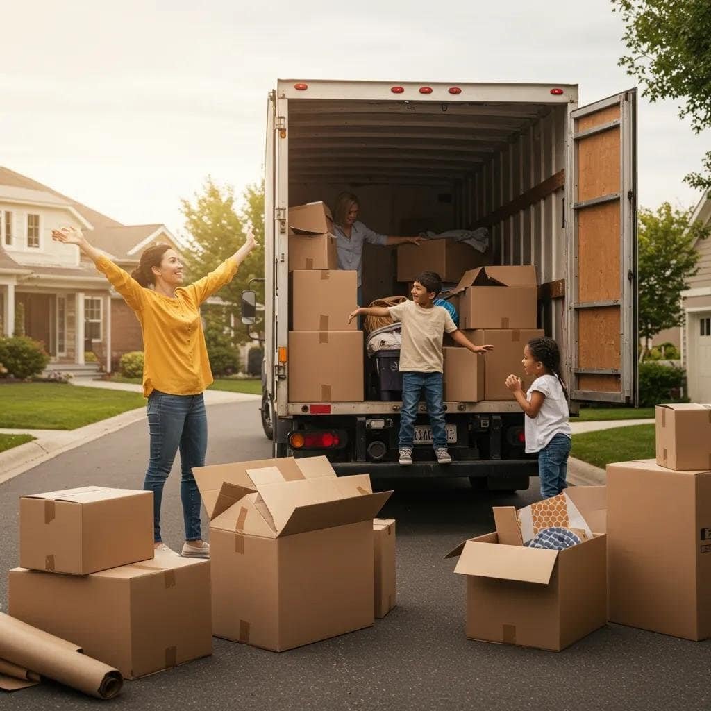 Family packing for a long distance move with a moving truck in a suburban setting