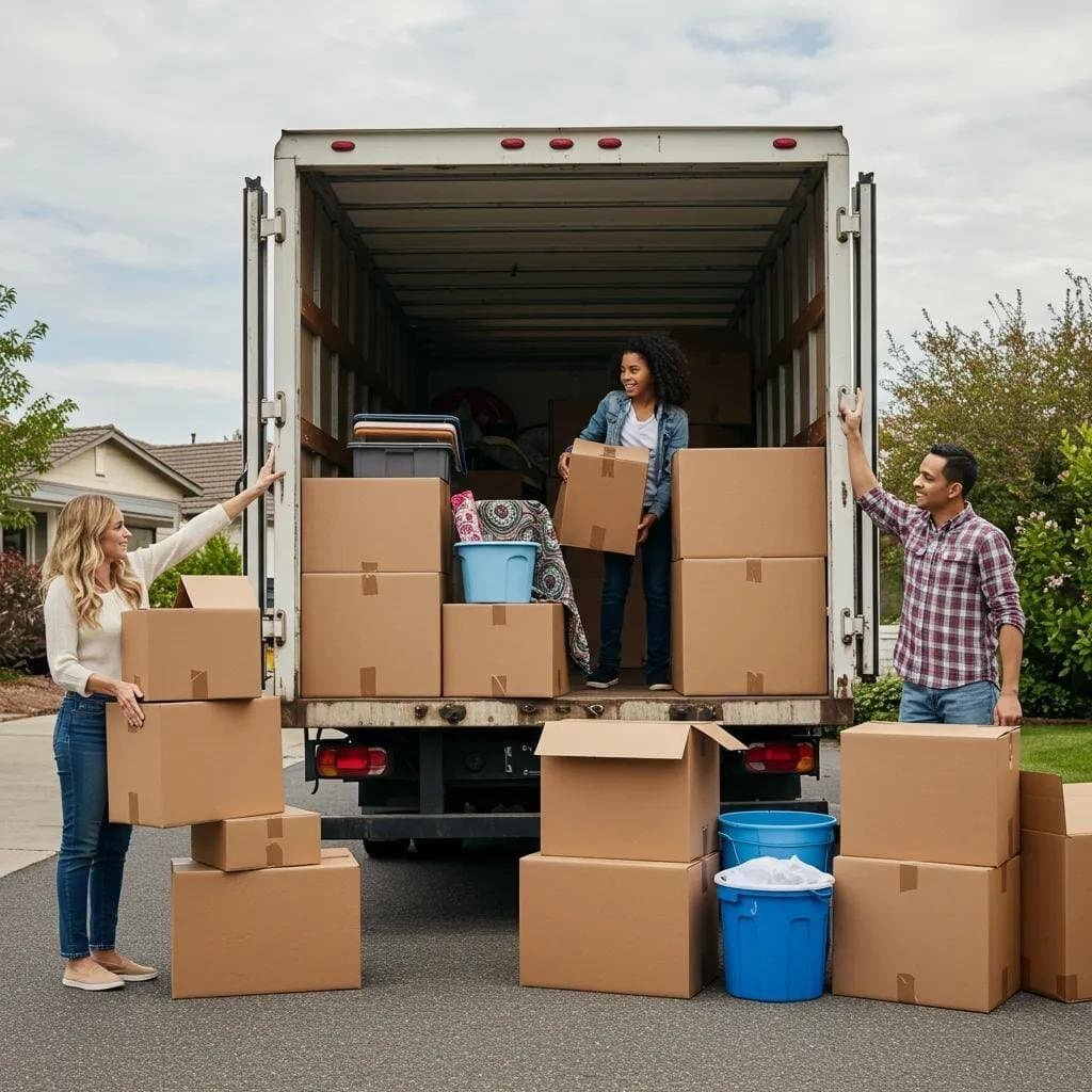 Family packing for a move, emphasizing organization and excitement in a suburban setting