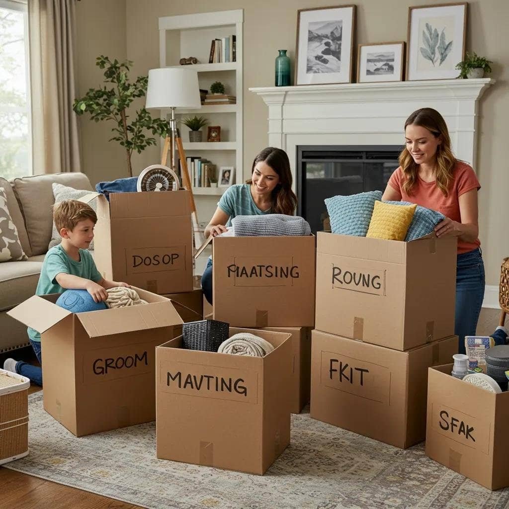 Family packing for a move, emphasizing organization and preparation for hidden moving fees