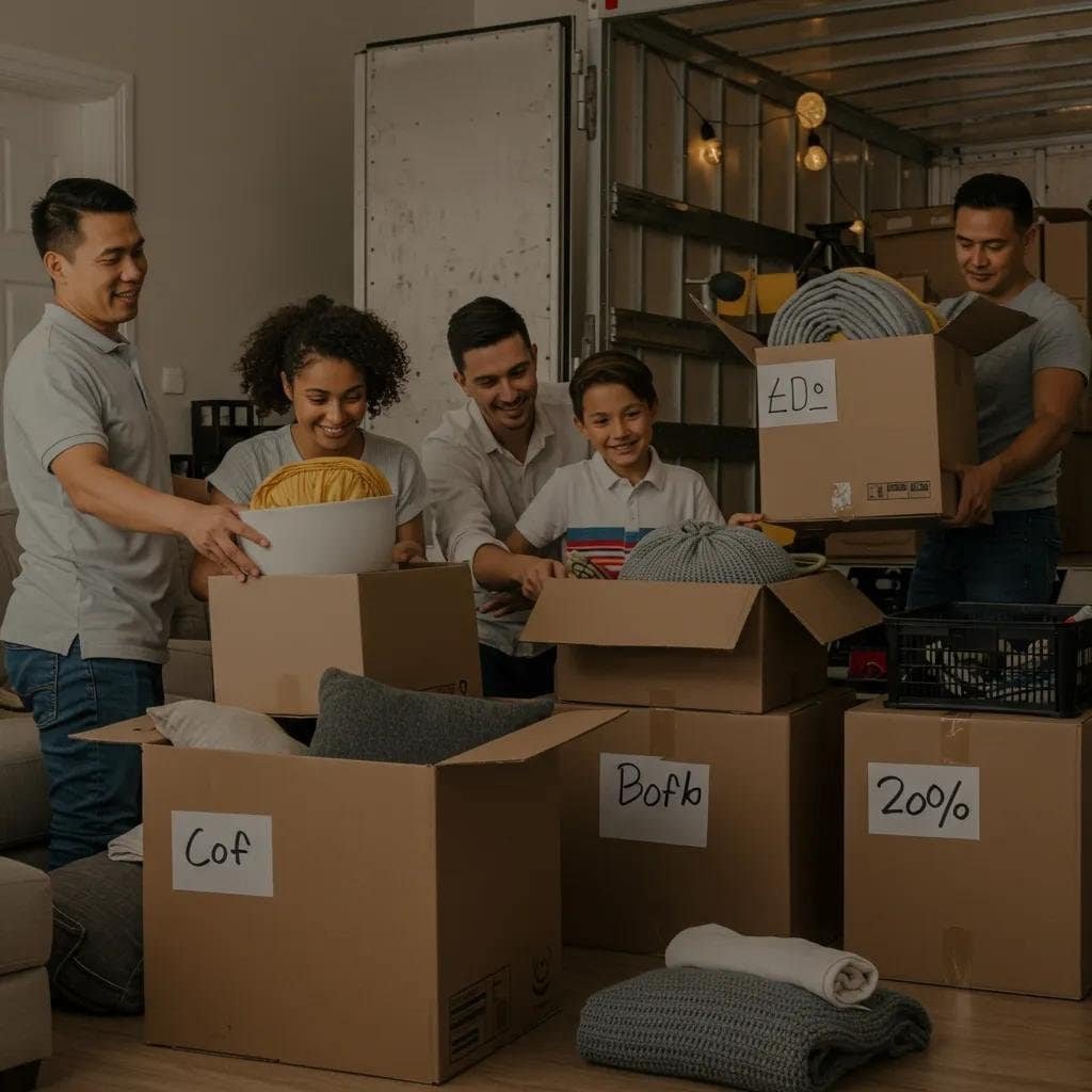 Family packing for a move, emphasizing organization and teamwork in the moving process