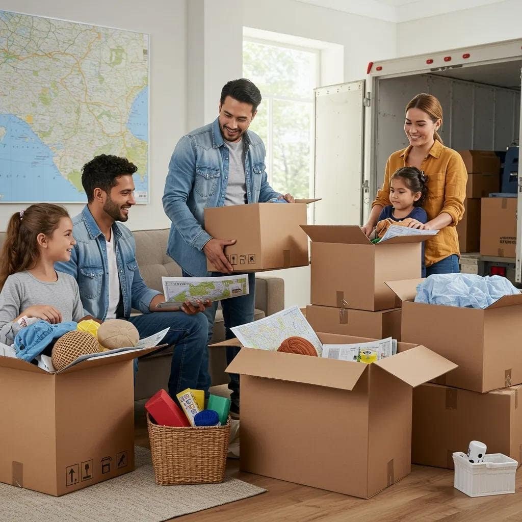 Family packing boxes for a long-distance move with a moving truck in the background