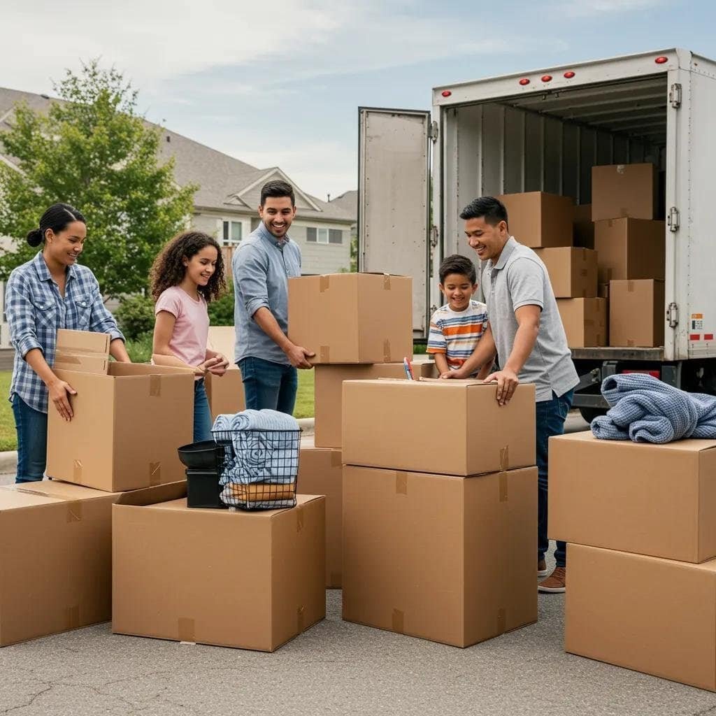 Family preparing for a move with packed boxes and a moving truck, illustrating the excitement of relocation