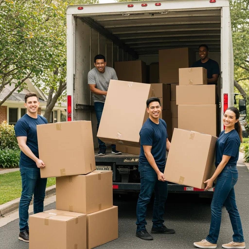 Friendly moving team efficiently loading boxes into a truck, representing budget-friendly moving solutions