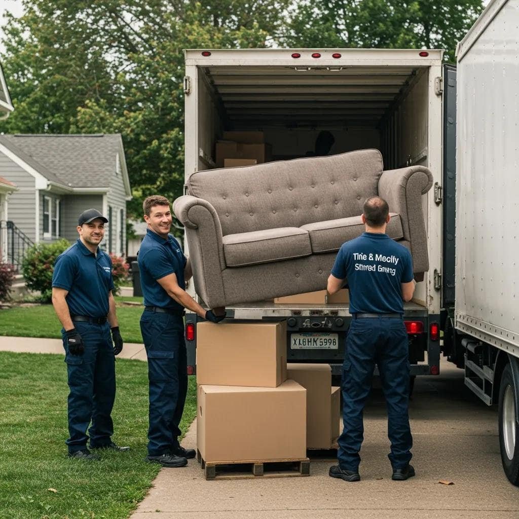 Local movers lifting a couch into a truck, showcasing teamwork and professionalism in a suburban setting