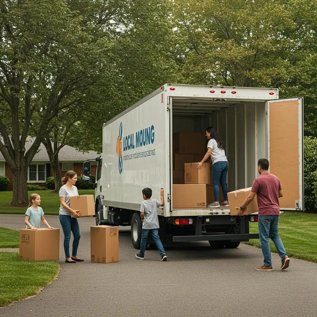 Local moving truck in a suburban neighborhood with a family loading boxes