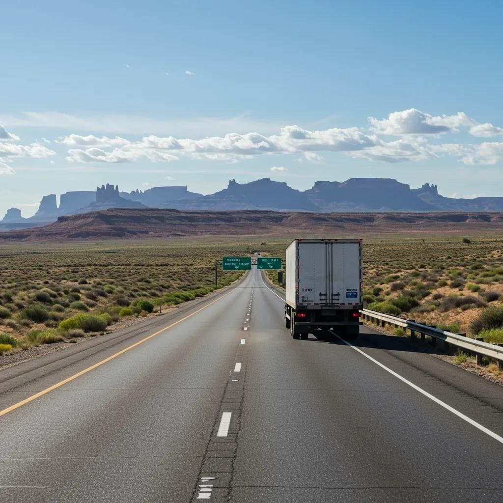 Long-distance moving truck on a highway with scenic background