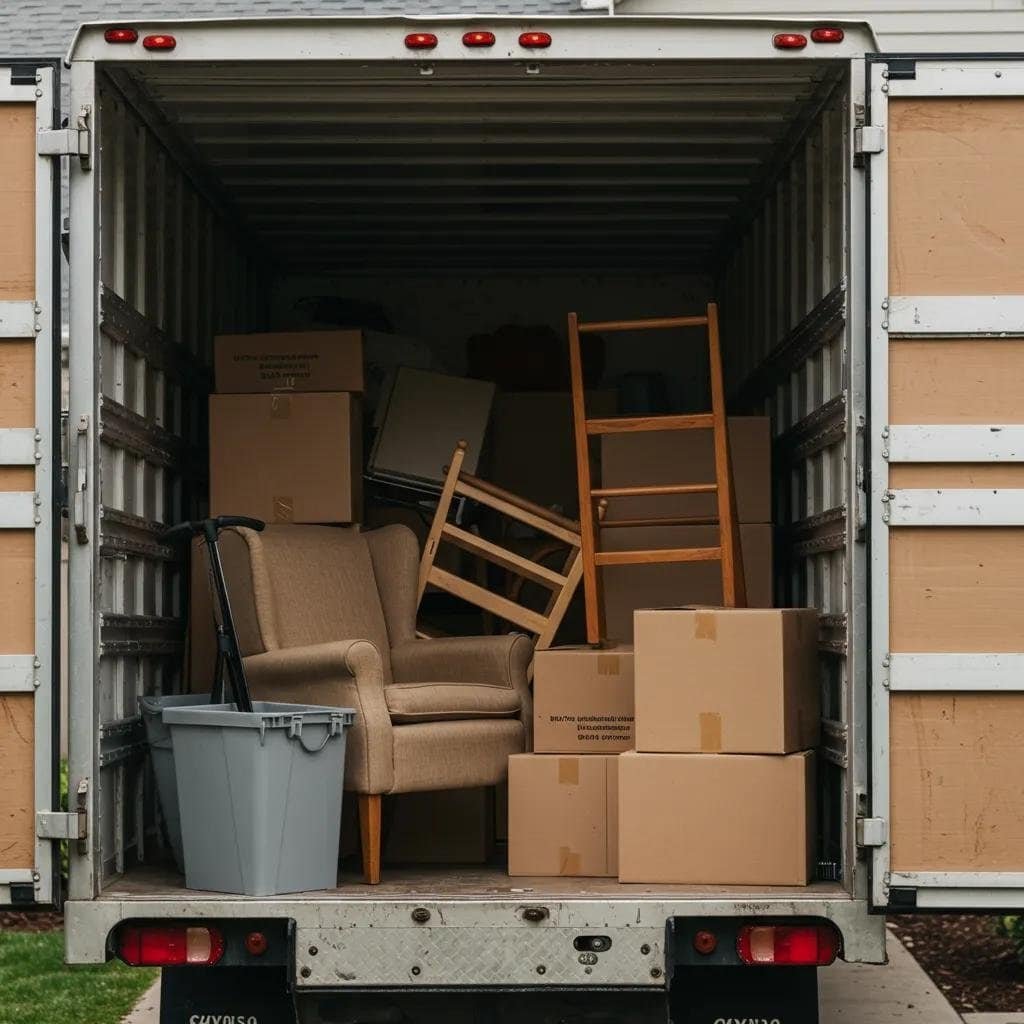 Movers loading furniture and boxes into a truck in a home setting