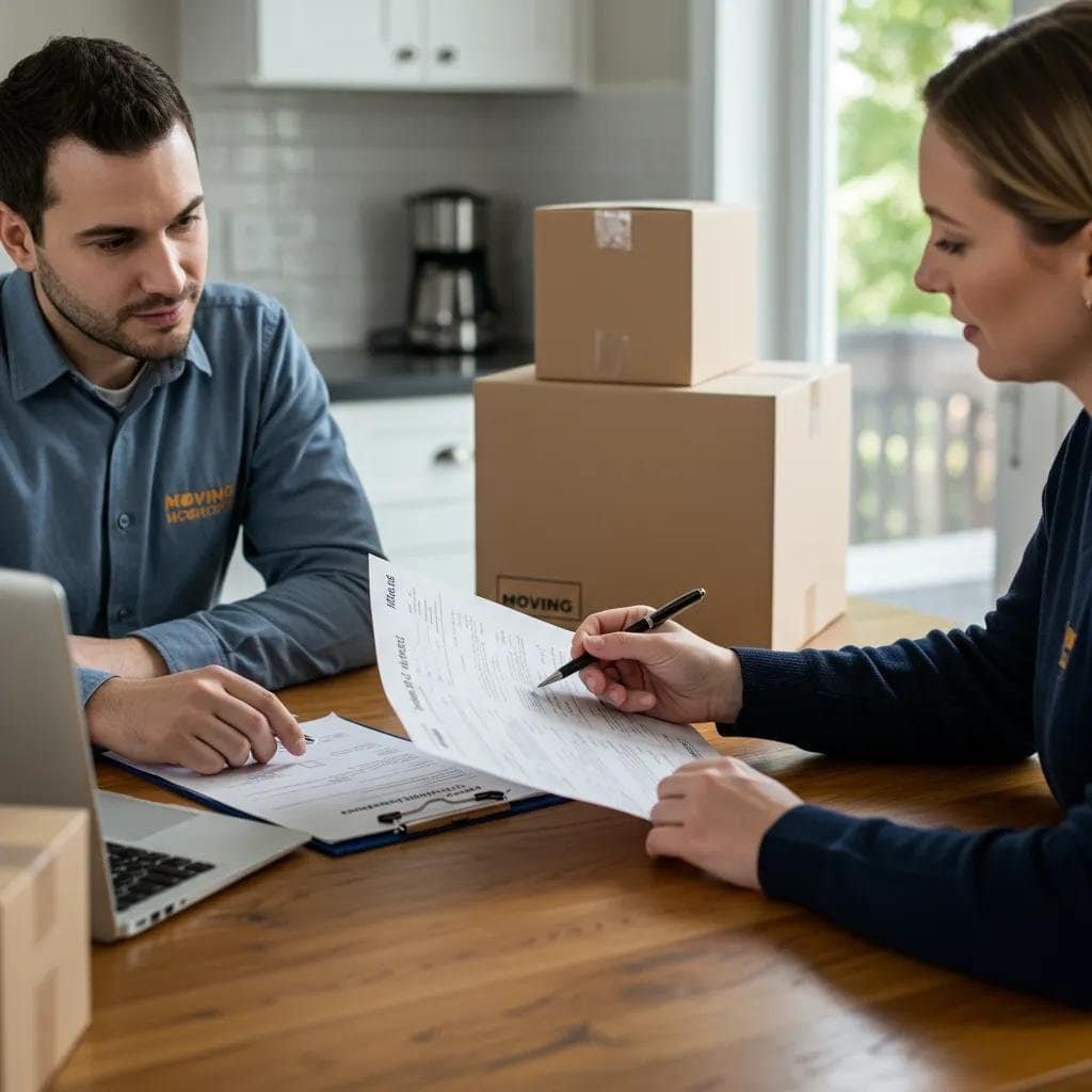 Moving company representative explaining transparent pricing to a customer at a kitchen table