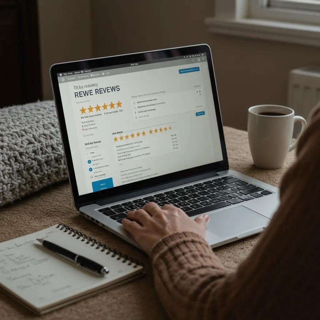 Person analyzing customer reviews on a laptop to assess moving company trustworthiness