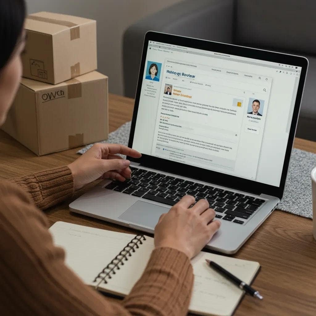 Person researching local movers' credentials and reviews on a laptop in a home office